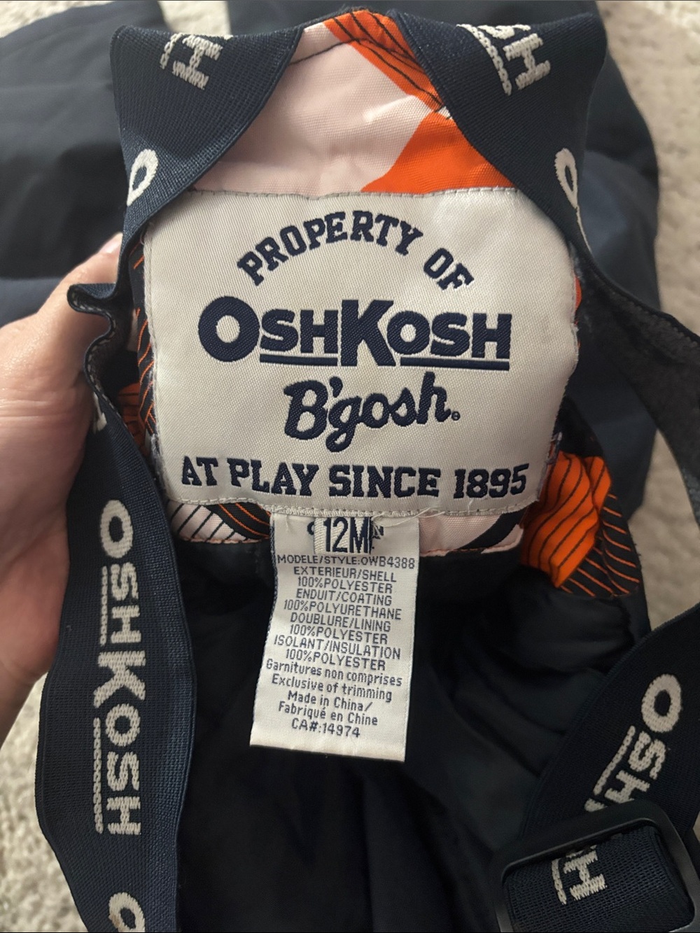 OshKosh B'gosh Navy Toddler Snow Pants  Bib Overalls Size 12m - Picture 7 of 8